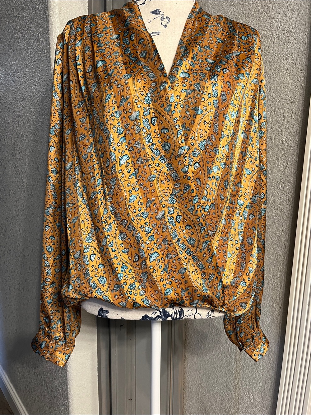 Lucky Brand Gold Paisley Wrap-Front Blouse